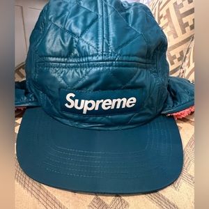 Supreme quilted ear flap camp cap. Dark teal  size M/L. Made in USA. New w tags